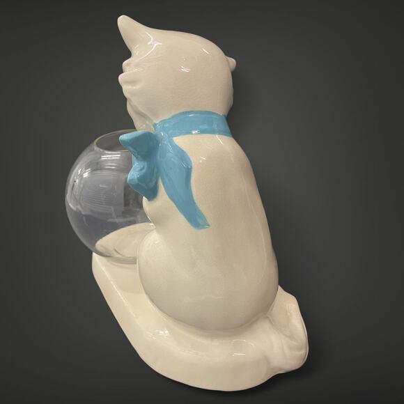 Vintage Ceramic Cat w/ Glass Fishbowl – Bow Tie Kitten Planter or Candy Dish - Picture 6 of 6